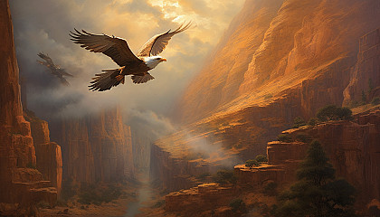 Majestic eagles soaring above a rugged canyon.