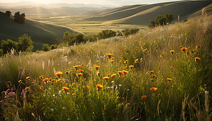 Rolling hills and meadows blanketed in wildflowers or tall, swaying grasses.