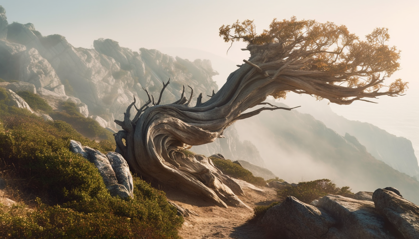 A twisted tree trunk shaped by the wind on a high cliff.