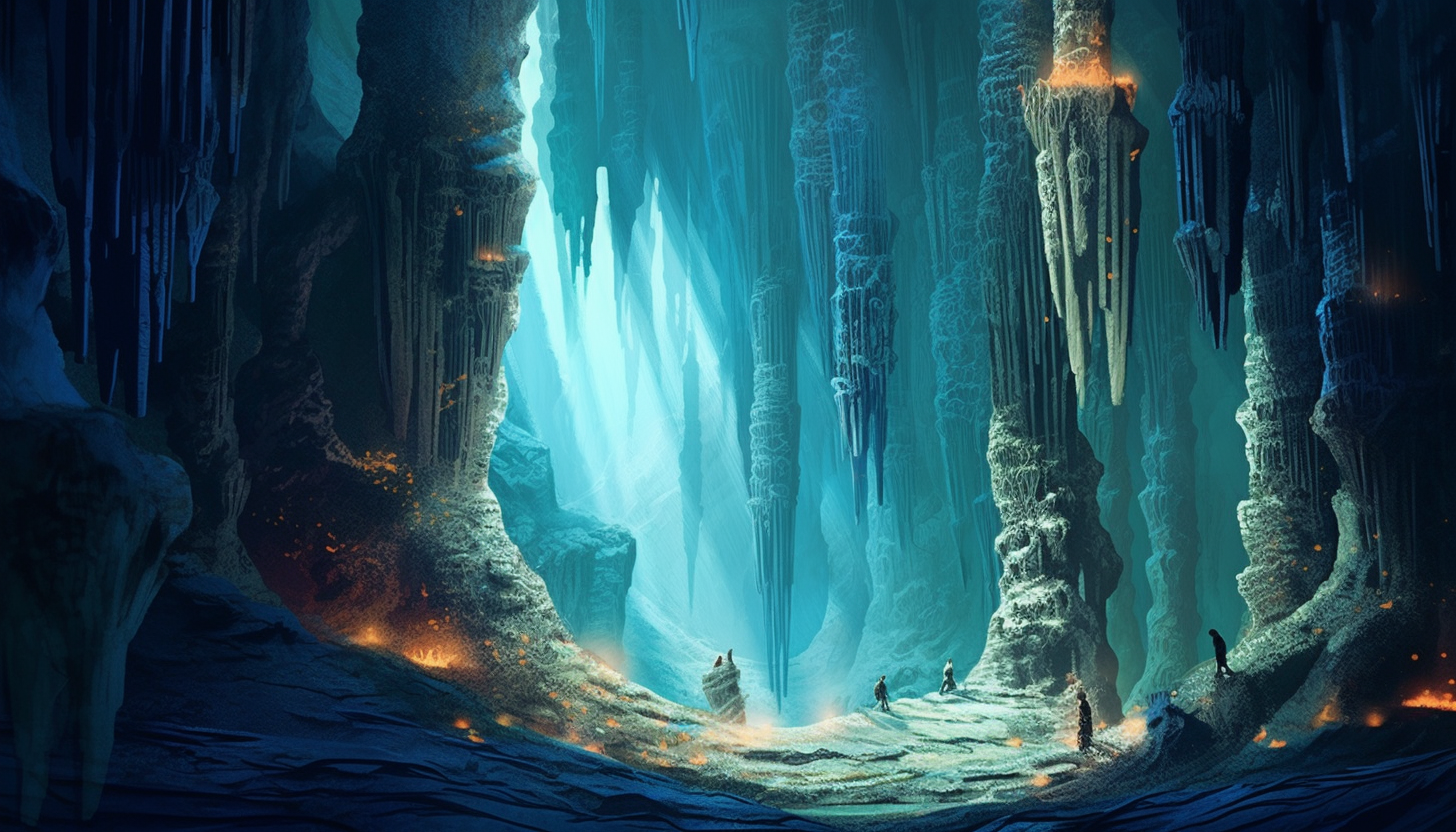 A cavern with intricate stalactite and stalagmite formations.