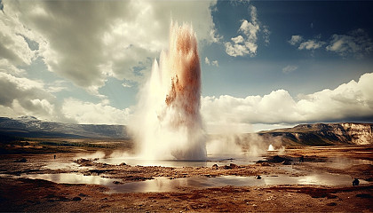 A powerful geyser erupting in a geothermal field.