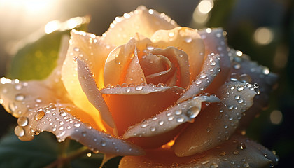 Dewdrops sparkling on the petals of a rose in the early morning light.
