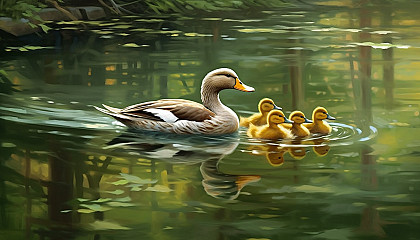 A family of ducks gliding peacefully across a pond.