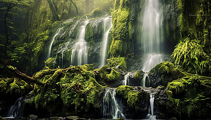 A waterfall cascading down a mossy rock face.