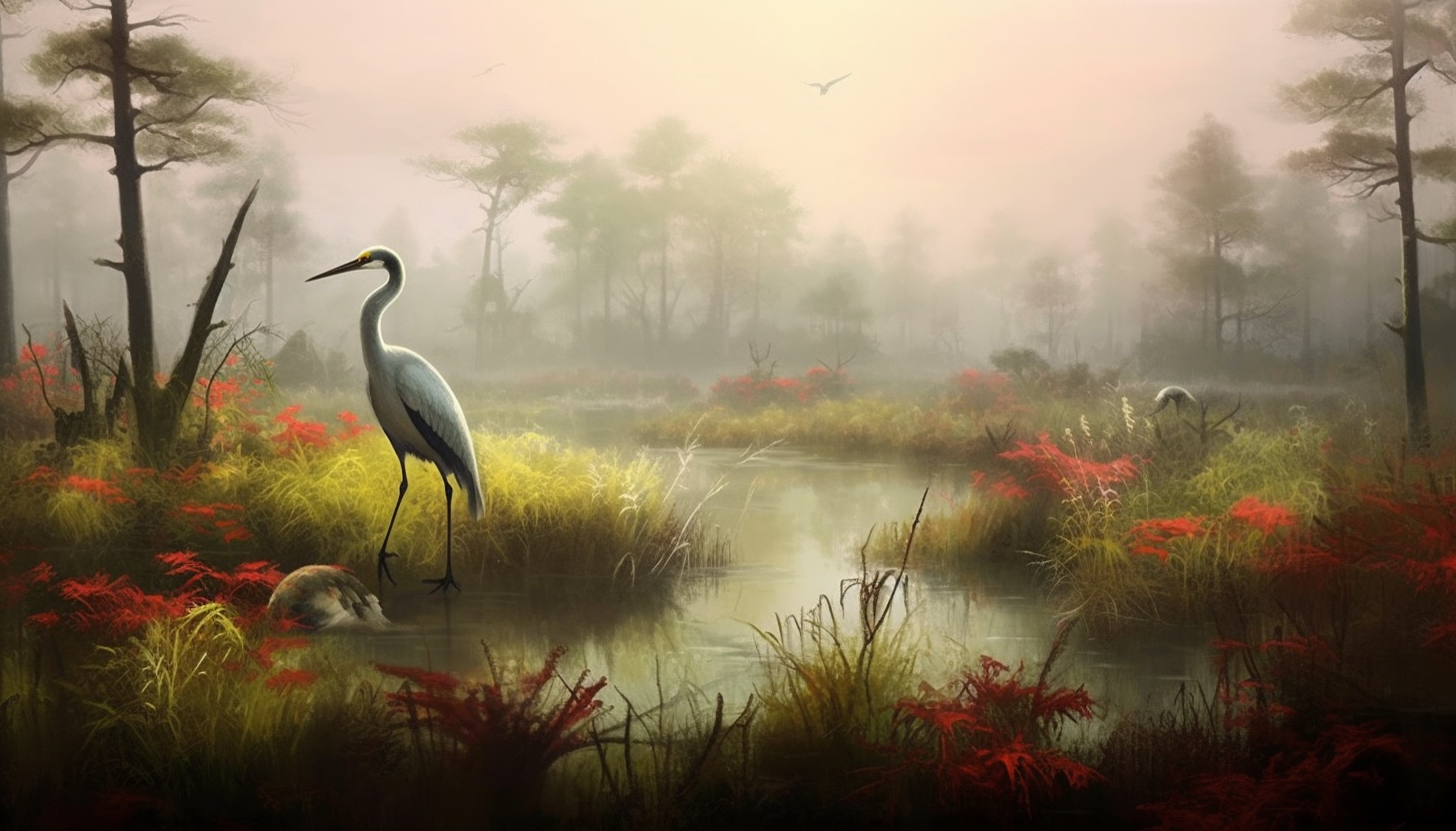 Misty marshlands teeming with unique plant and bird life.