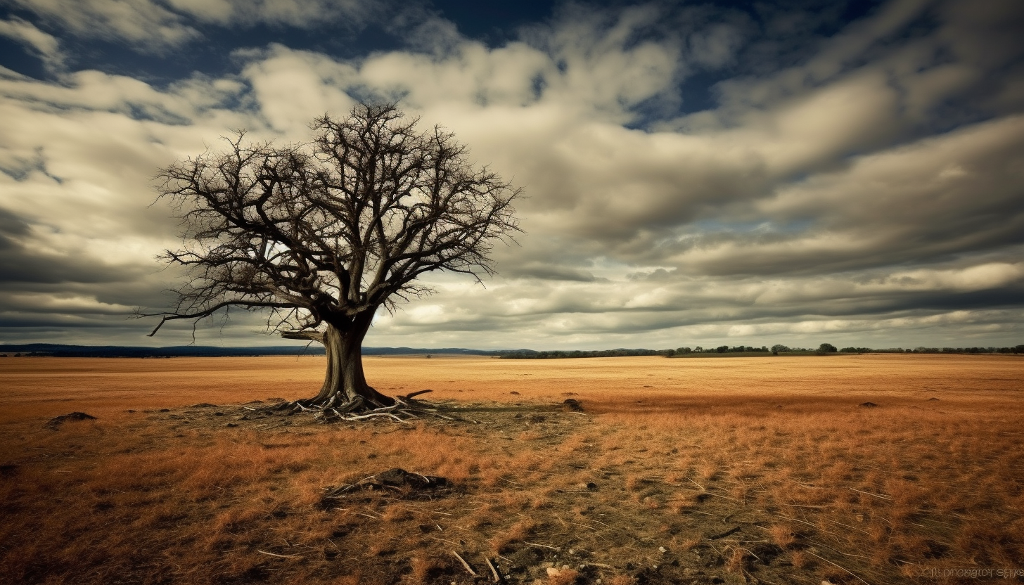 An old, gnarled tree standing alone in a vast field.