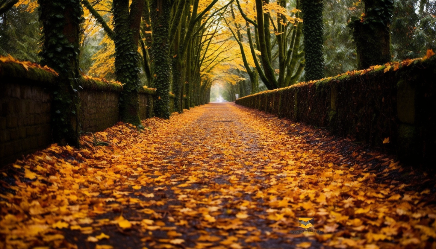 A leafy path carpeted with fallen autumn leaves.