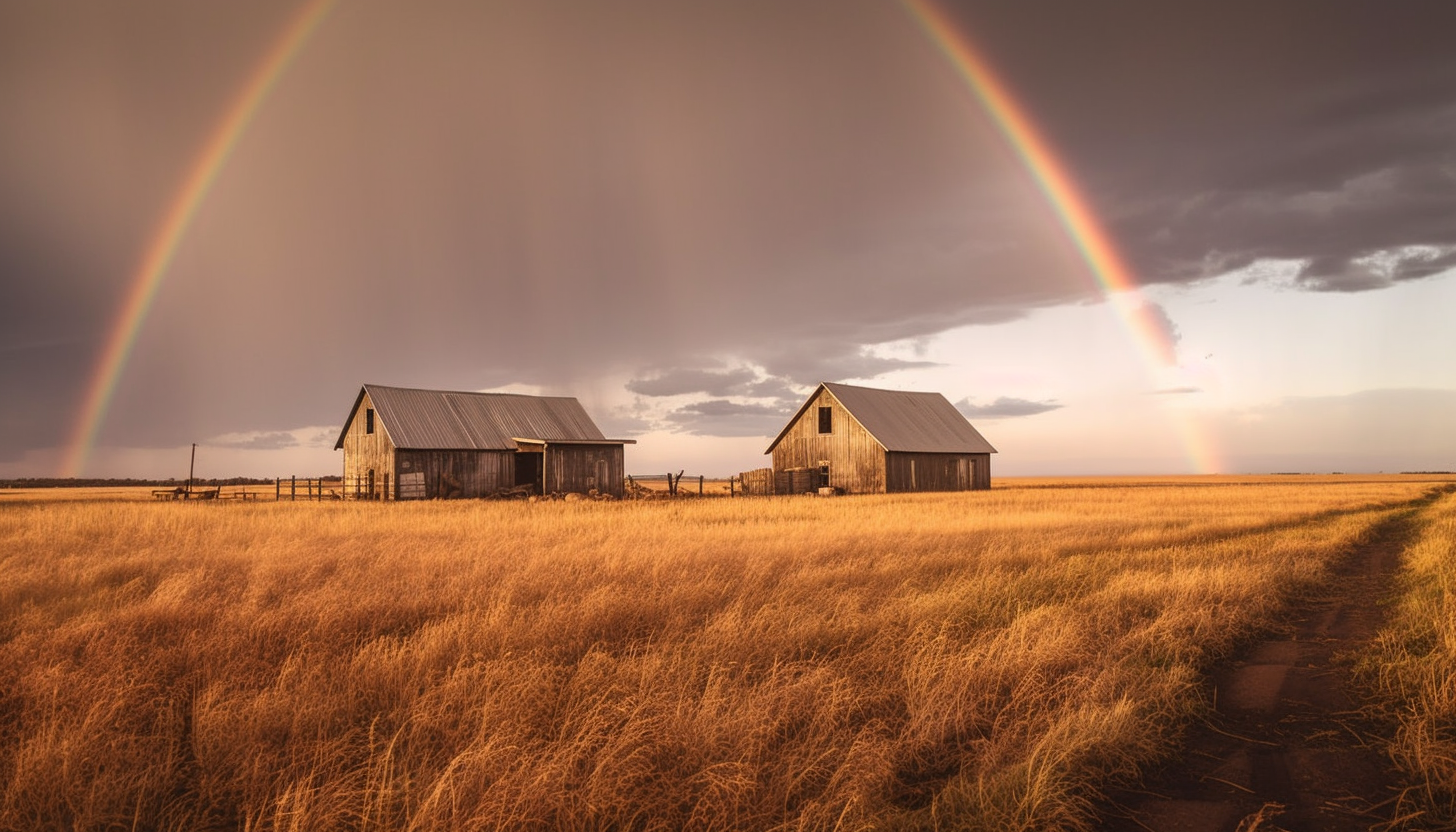 The striking sight of a double rainbow after a storm.