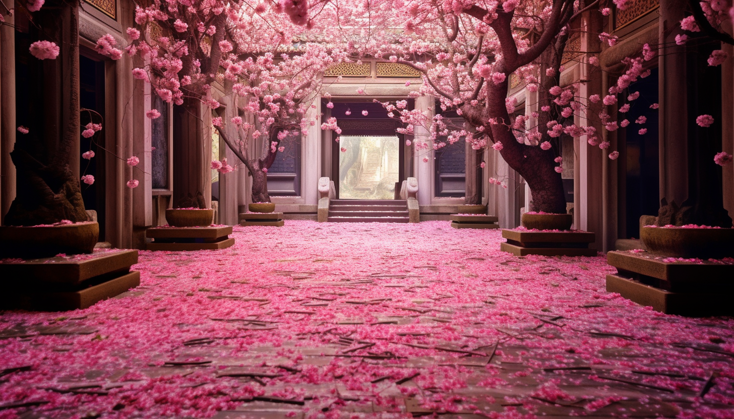 A pathway covered in cherry blossom petals.