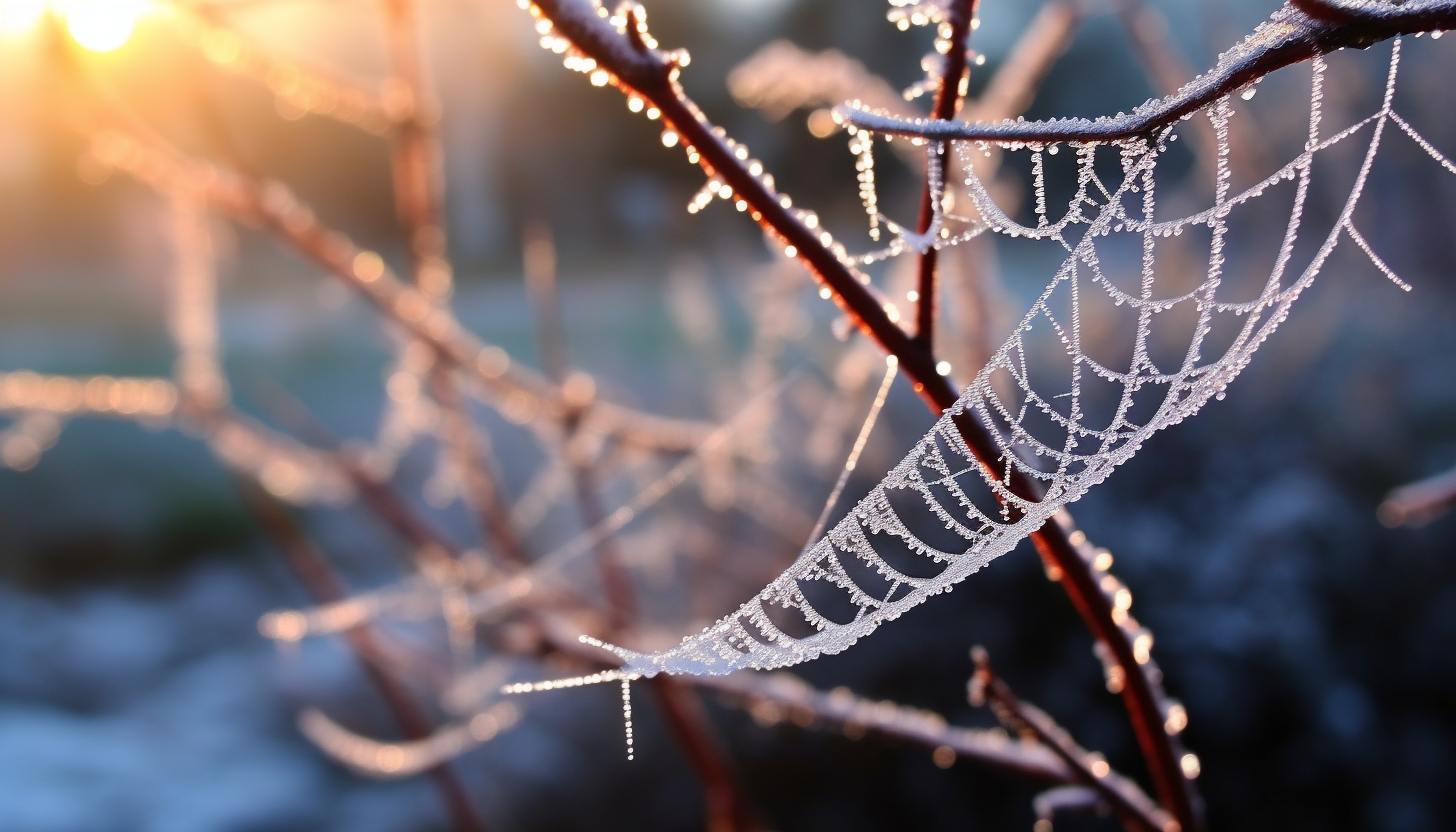 Glittering frost covering delicate spiderwebs on a cold morning.