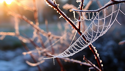 Glittering frost covering delicate spiderwebs on a cold morning.