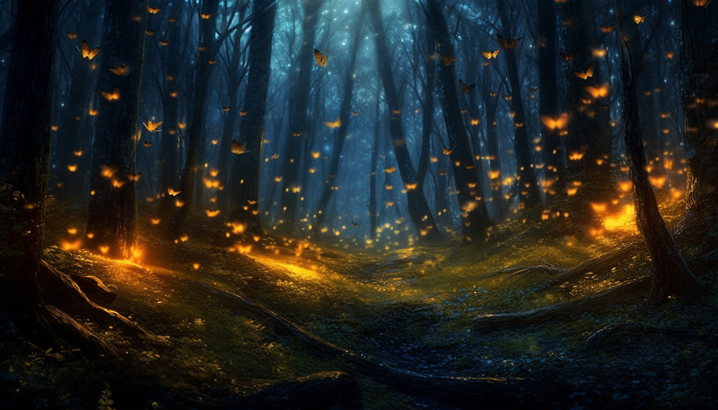 A swarm of fireflies illuminating a twilight forest.