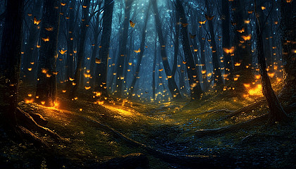 A swarm of fireflies illuminating a twilight forest.