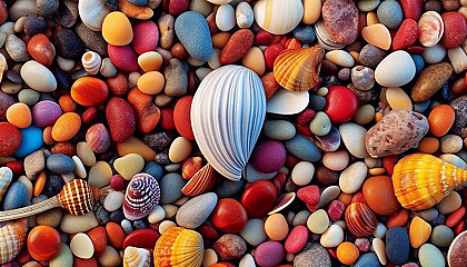 Brightly colored pebbles and seashells lining a sandy beach.