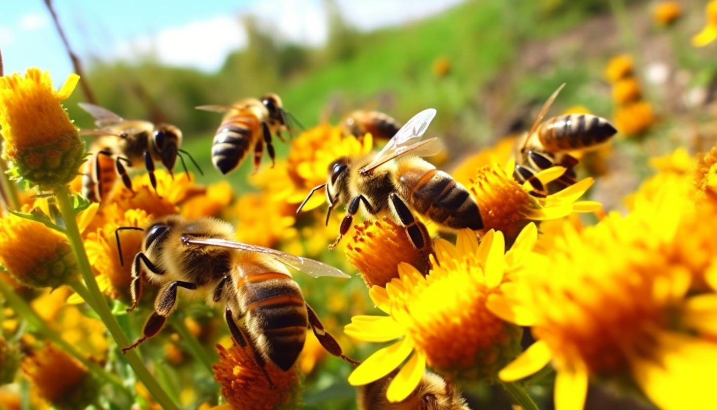 Honeybees busily collecting nectar from a field of wildflowers.