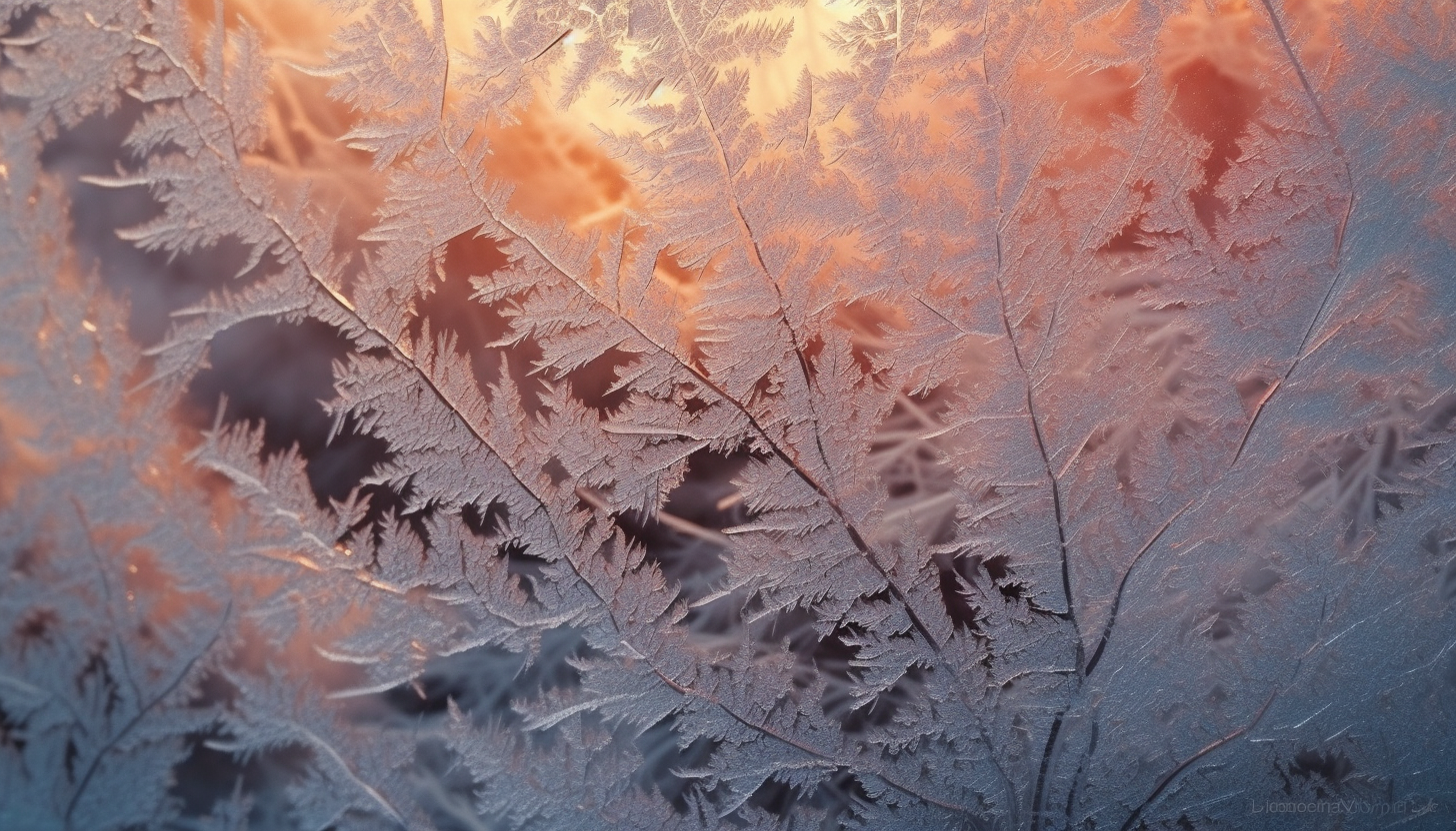 Frost patterns on a windowpane in the early morning light.