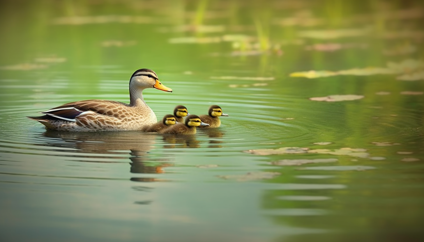 A family of ducks gliding peacefully across a pond.