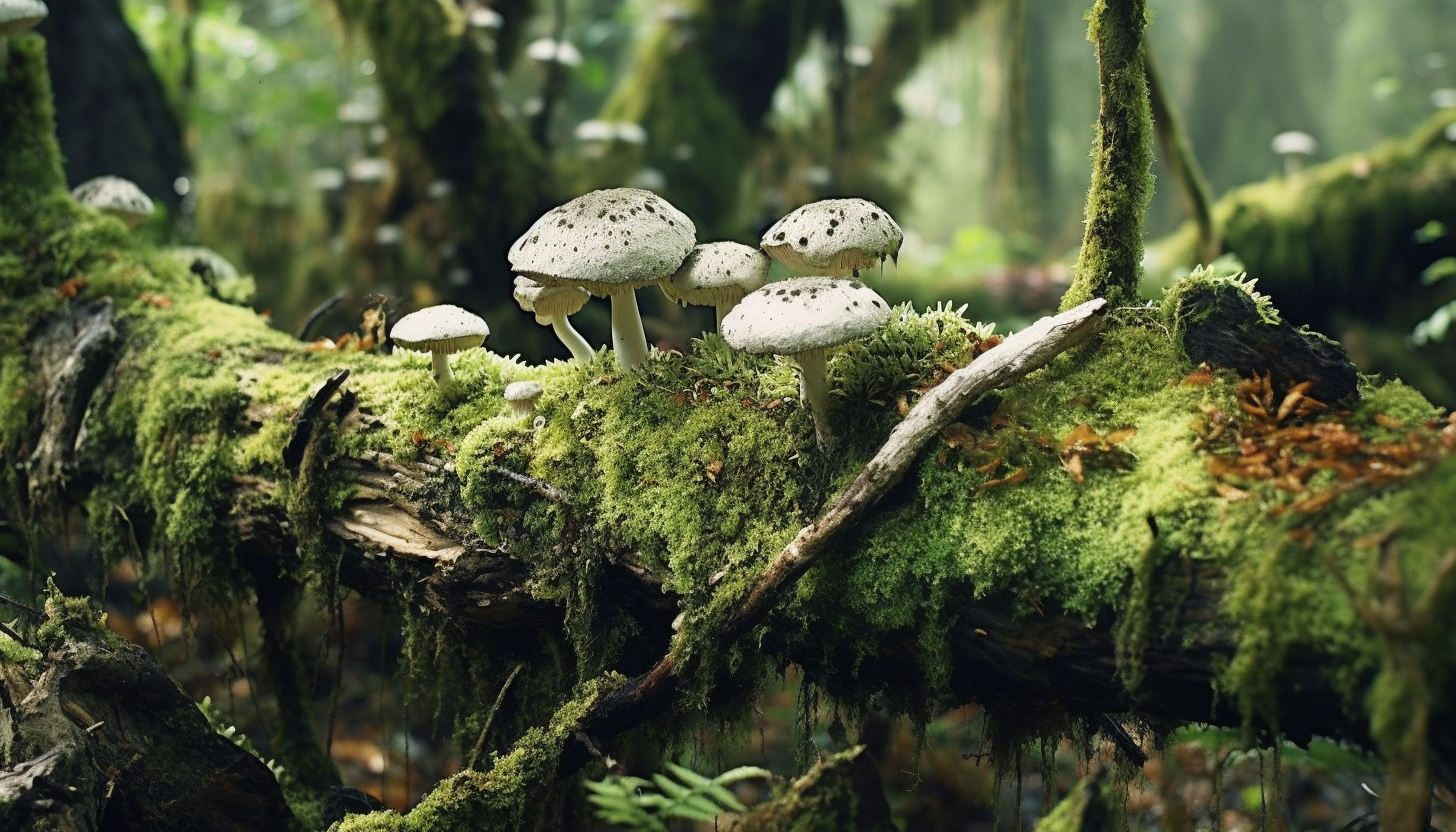 A fallen tree trunk overgrown with fungi and moss.