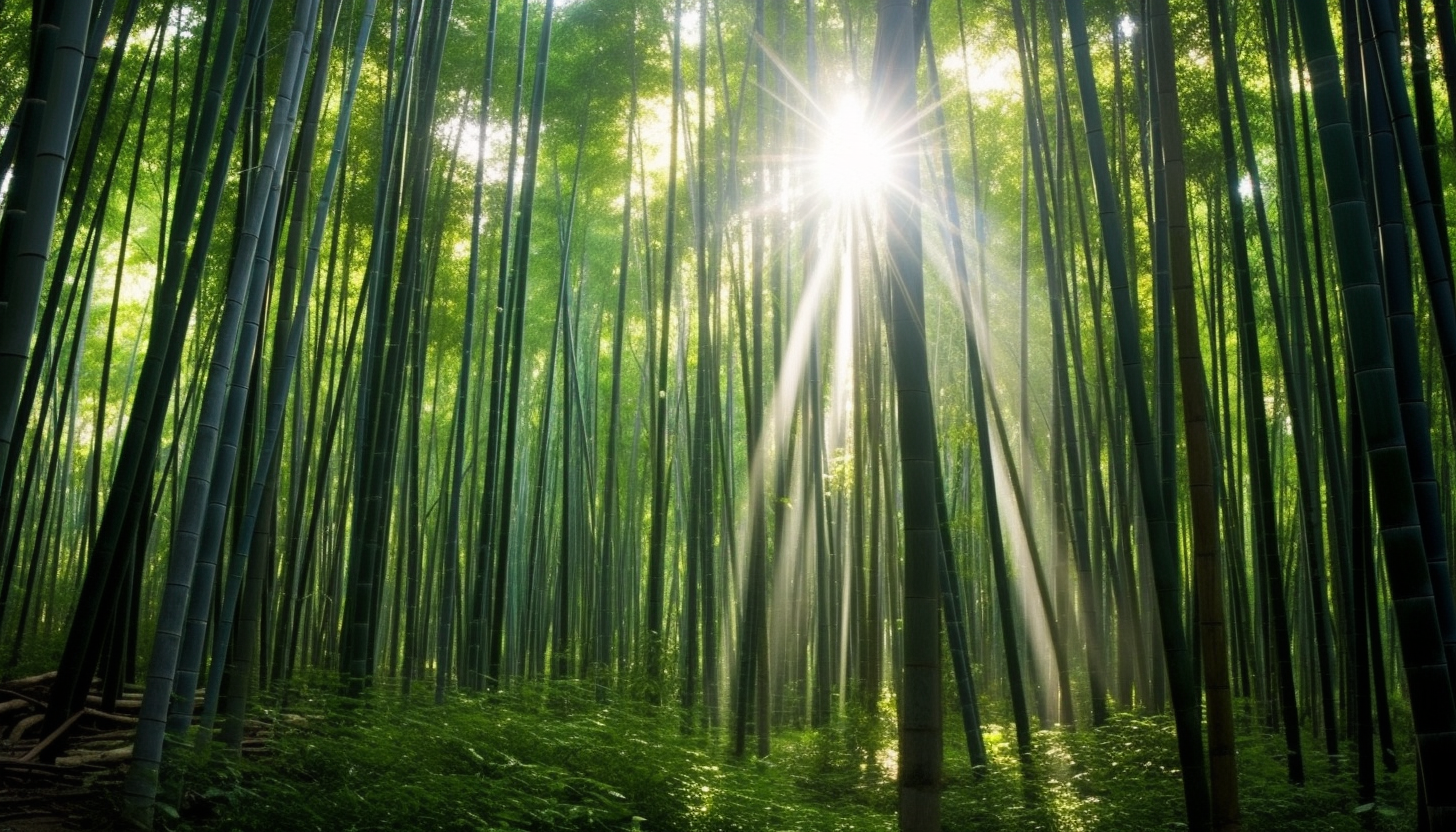 Sunlight filtering through a dense bamboo forest.