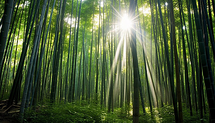 Sunlight filtering through a dense bamboo forest.