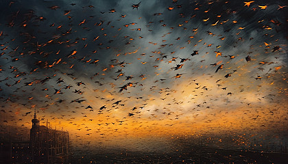 A murmuration of starlings moving like a dark cloud across the sky.