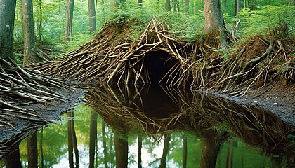 An intricate beaver dam constructed in a serene woodland stream.