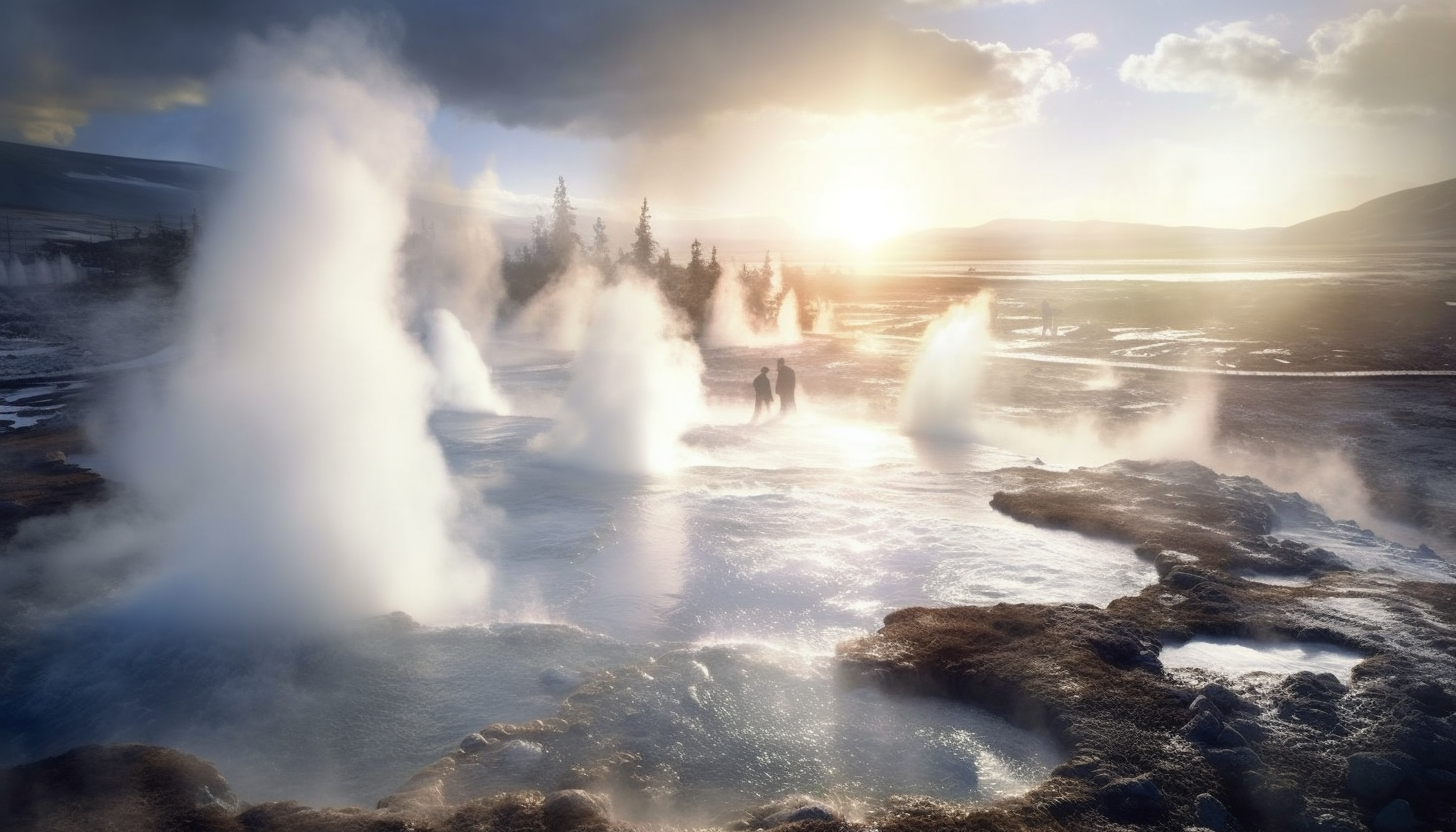 Geysers erupting with steam and hot water in a geothermal area.