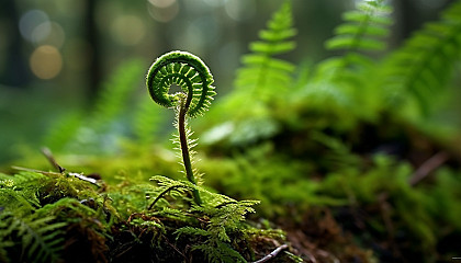A delicate fern unrolling a young frond in a forest.