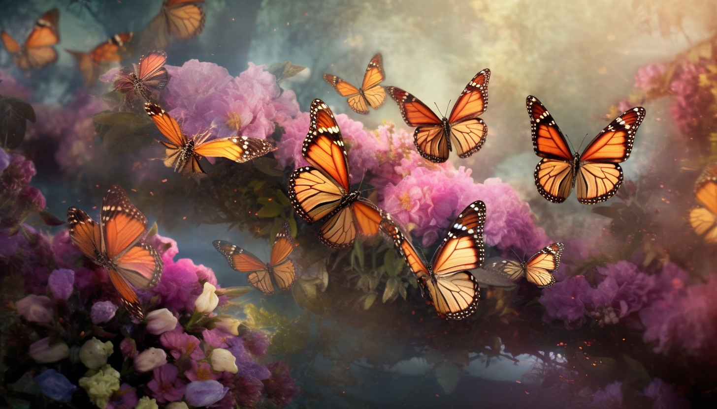 Butterflies gathering on a bush bursting with fragrant, blooming flowers.