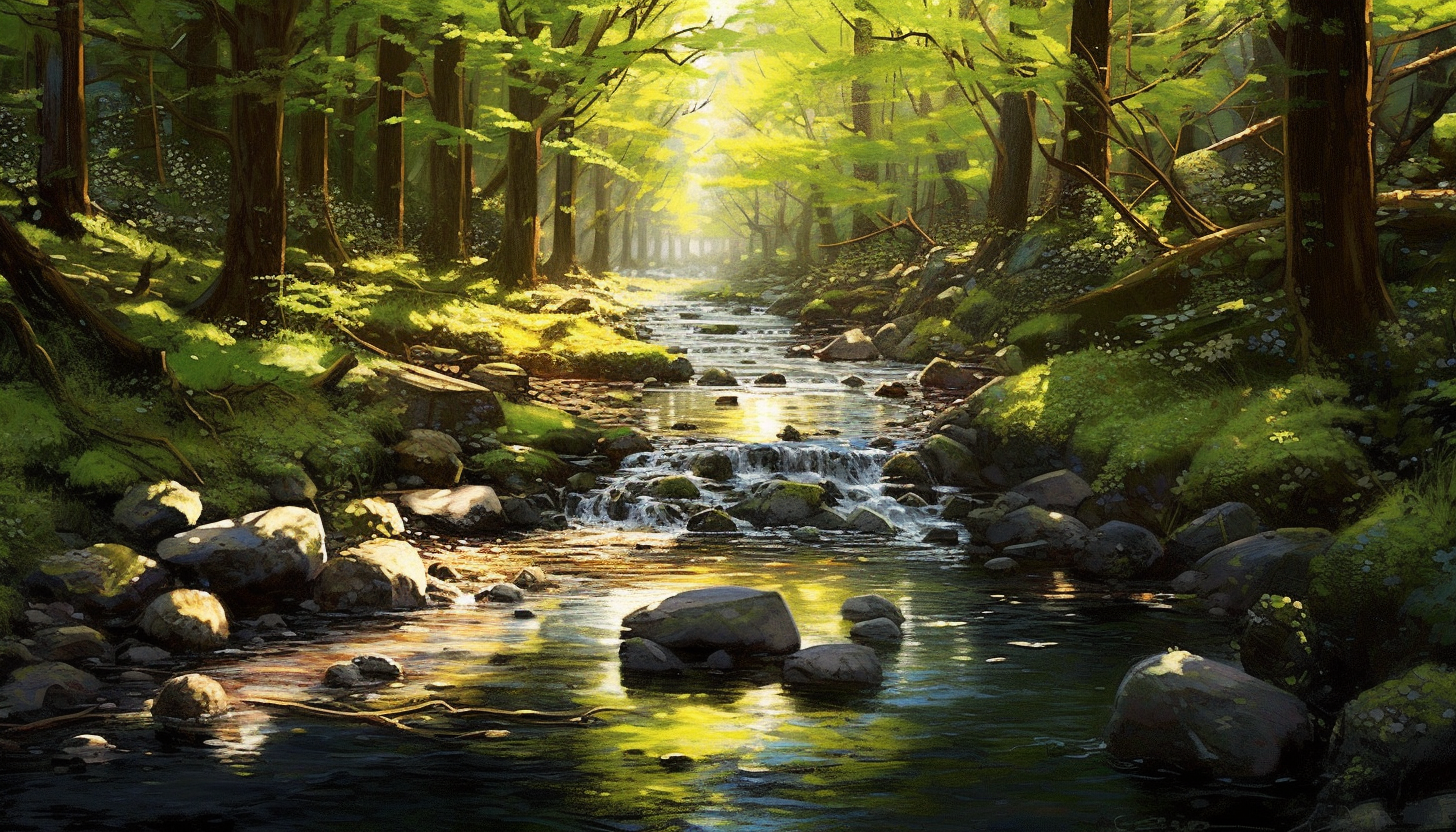 A tranquil brook babbling through a sun-dappled forest.