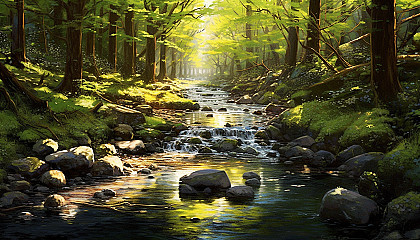 A tranquil brook babbling through a sun-dappled forest.