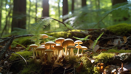 Mushroom clusters thriving in a dense forest floor.