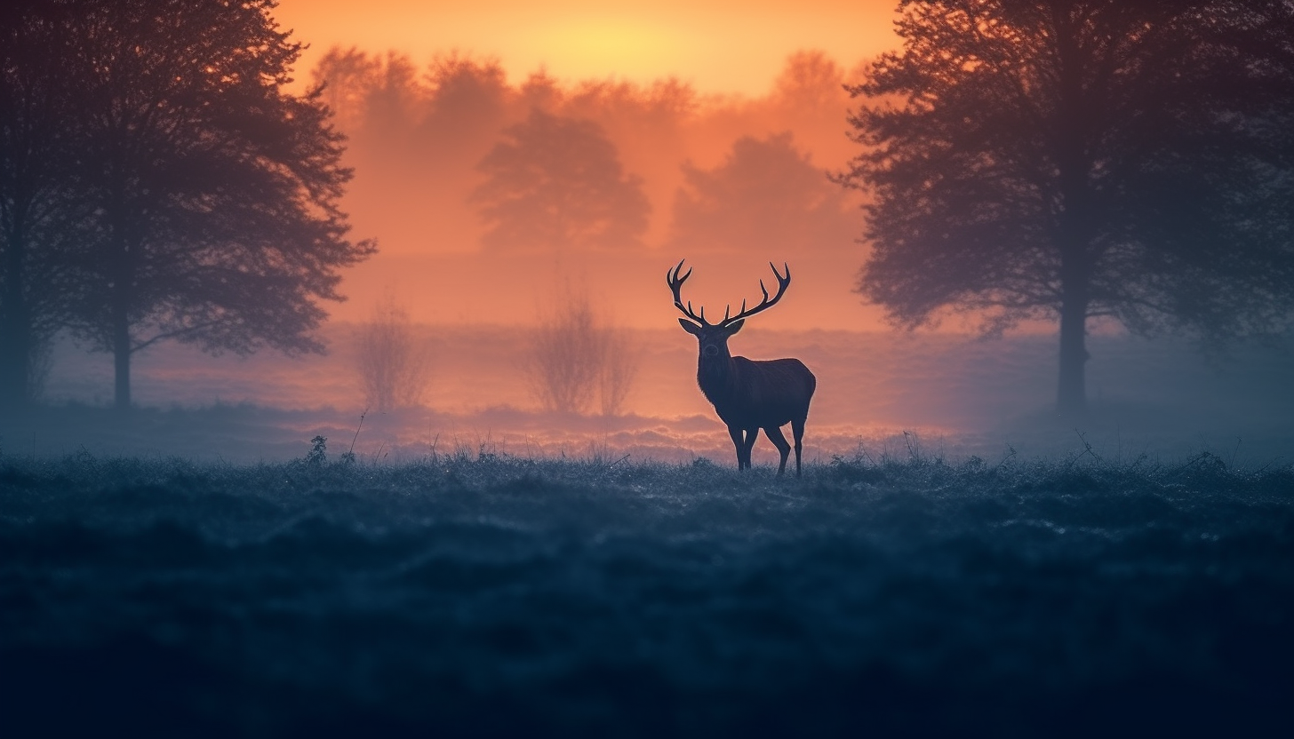 The silhouette of a deer in a misty meadow at dawn.