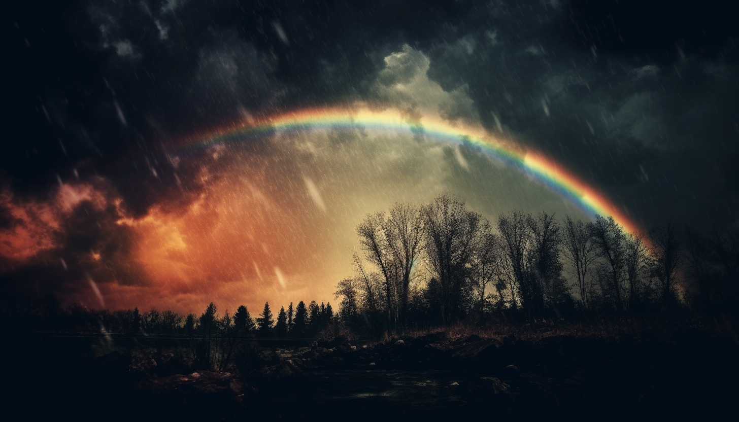 A vibrant rainbow arching across a stormy sky.