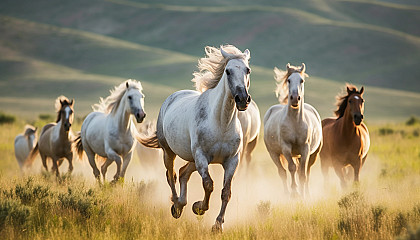 Wild horses galloping freely across vast grasslands.