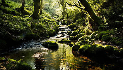 A peaceful brook winding through a mossy woodland.