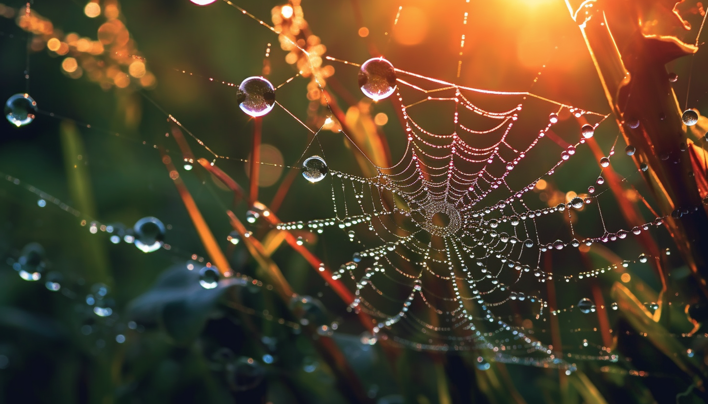 Dewdrops on a spider's web shimmering in the morning light.