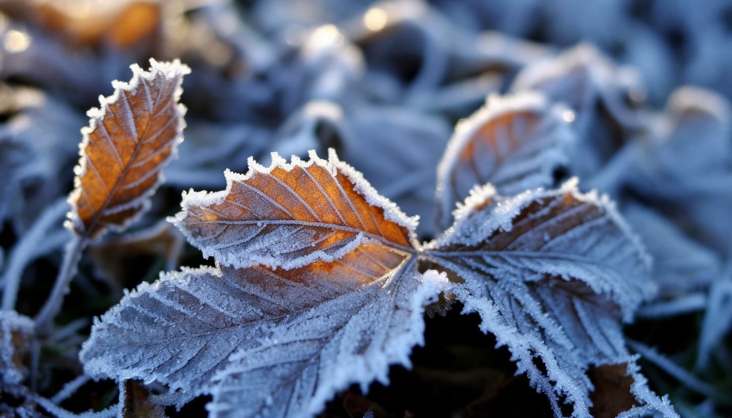 Frosted leaves sparkling under the winter sun.