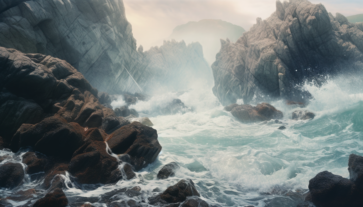 Sea foam swirling around the rocks at a secluded beach.