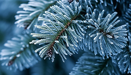 Snowflakes settling on pine needles during a quiet snowfall.