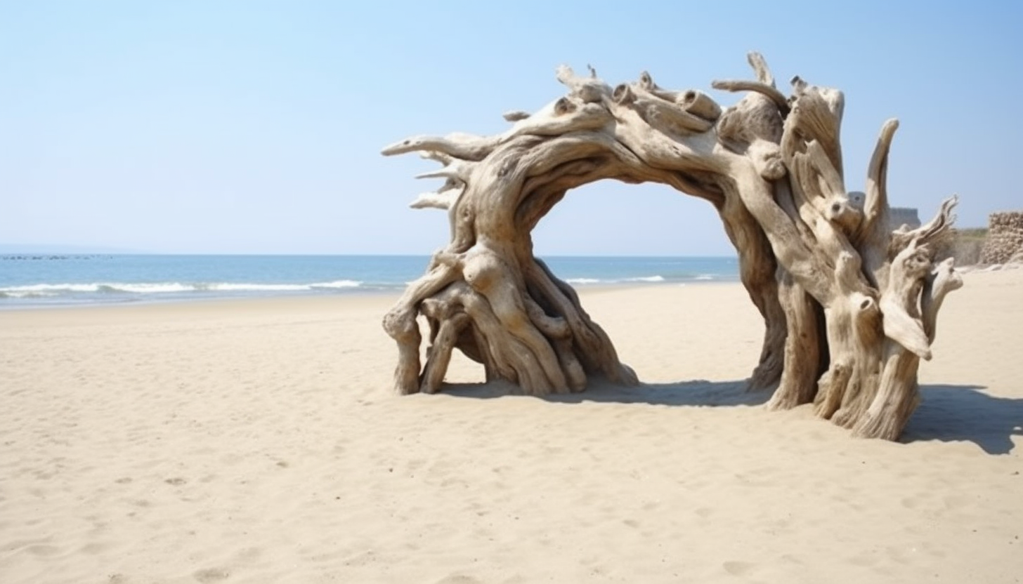 Driftwood sculptures naturally formed on a sandy beach.