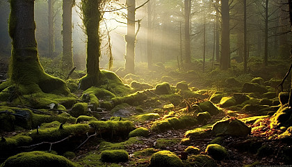 Misty, moss-covered forest in early morning light.