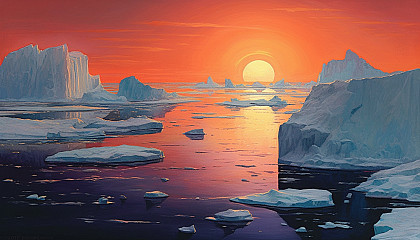 Icebergs floating in a chilly polar sea, under a midnight sun.