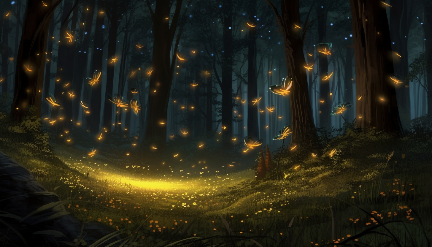 Fireflies illuminating a warm summer night in the forest.