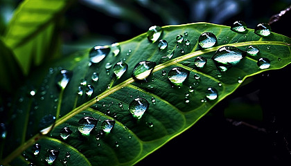 Glistening dew drops on a vibrant green leaf.