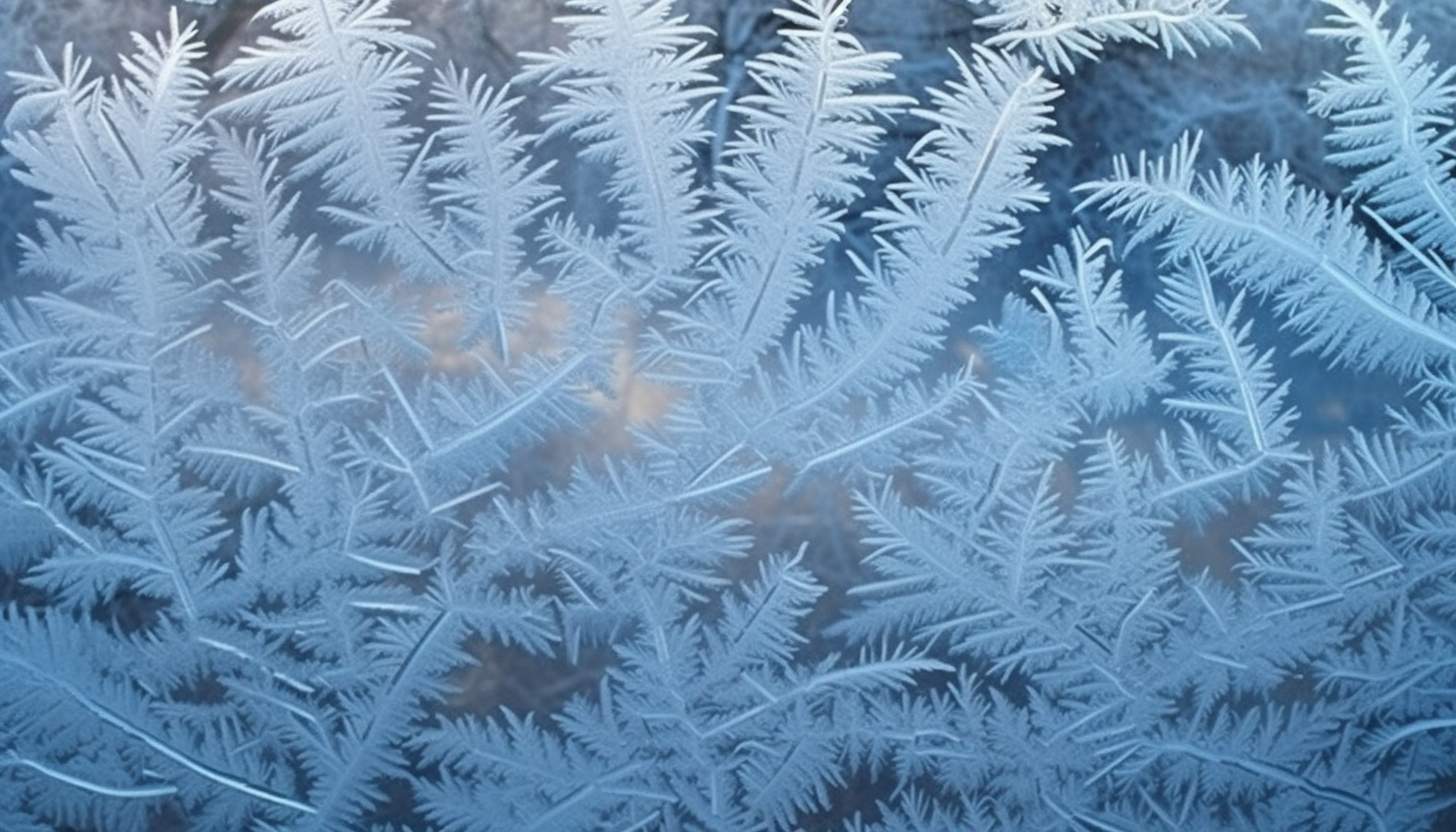 Patterns of frost on a window on a winter morning.