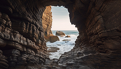 A view through a naturally-formed archway in a rock face.