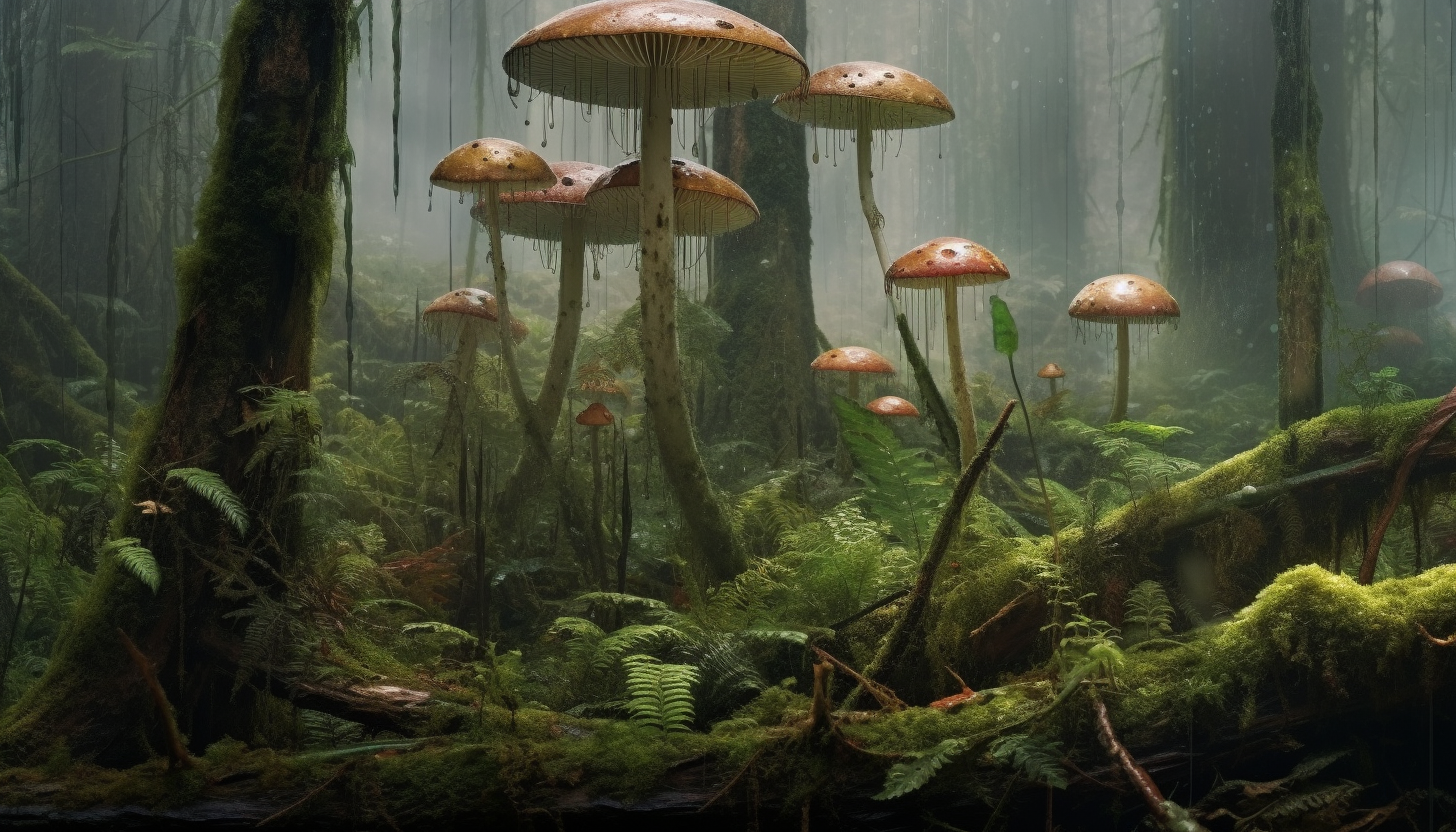 Exotic fungi and moss thriving in a damp forest.
