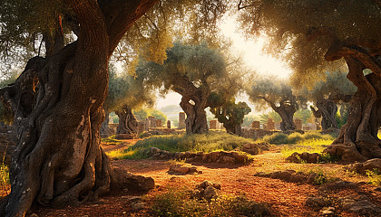 A grove of ancient olive trees in a sun-drenched landscape.