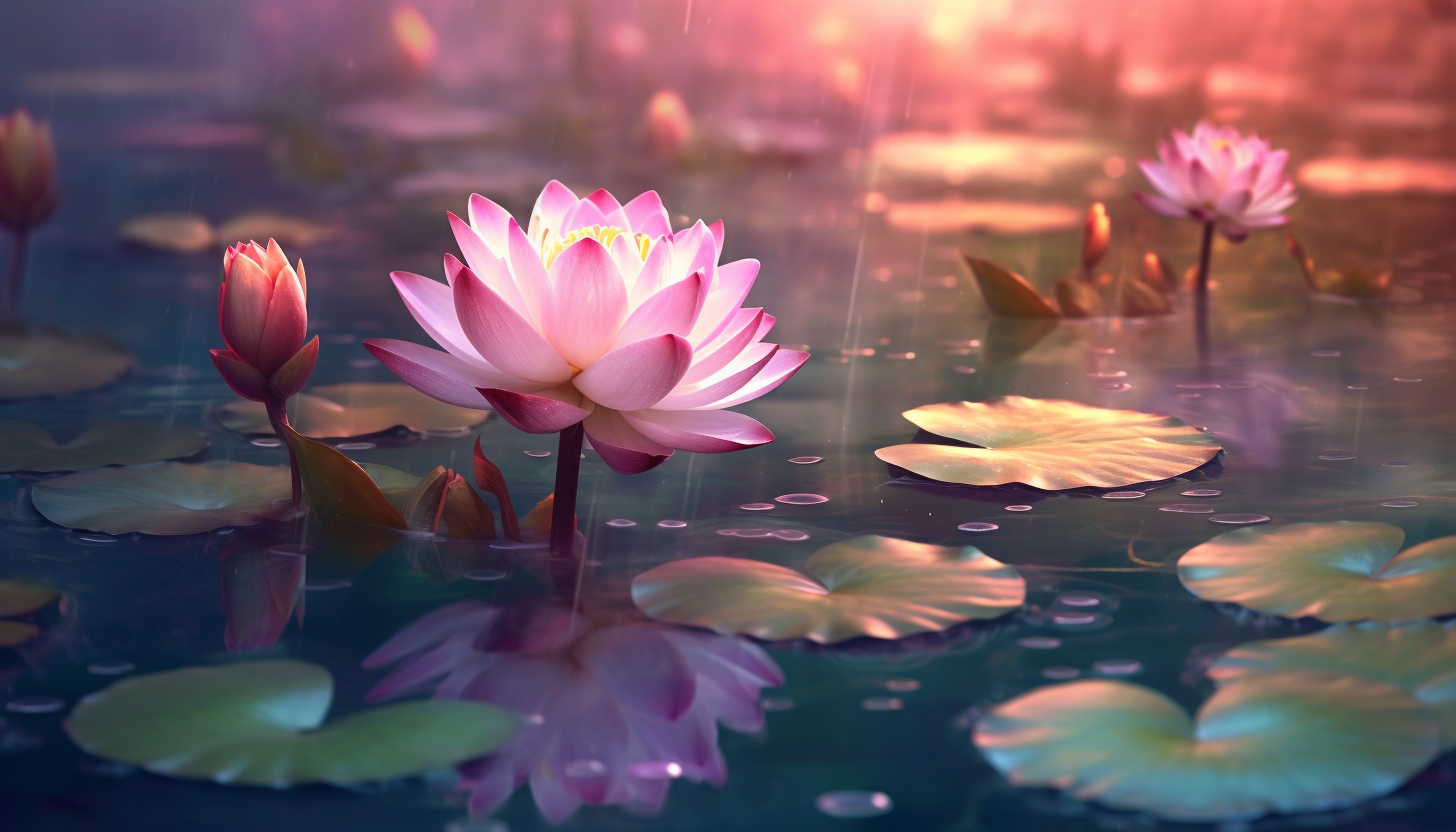 Dew-kissed lotus flowers in a tranquil pond.